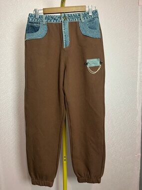 Brown Cropped Ankle Pants with Blue Denim Trim